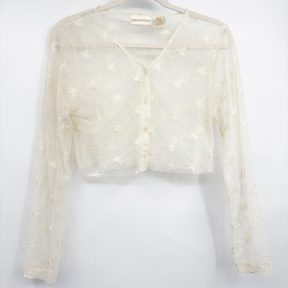 Christie & Jill Womens Cream Floral Lace Sheer Vintage 90s Fairycpre Crop Top M